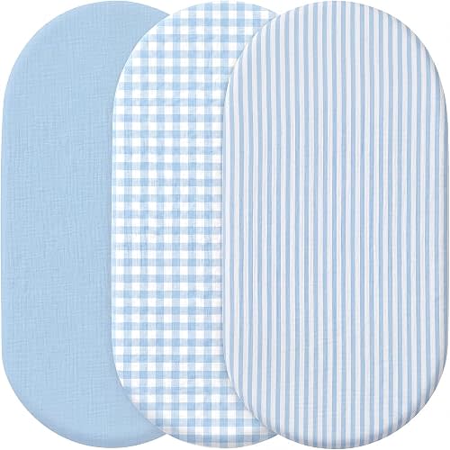 Peryiter Muslin Sheets Bassinet (Gingham and Stripes,Standard Bassinet,Blue)