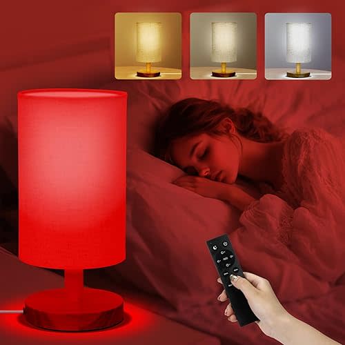Red Light Lamp for Bedroom, Nightstand Lamp with 670nm Red & 3 White Light Modes, Remote Control, Timer, Night Light, Dimmable LED Bedside Table Lamp with Memory Function, Wood Base & Fabric Shade