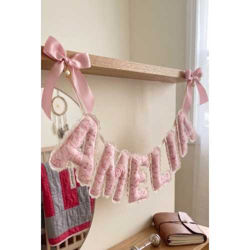 Personalized Baby Name Garland, Vintage Floral Nursery Decor for Girl, Custom Quilted Letter Banner, Baby Shower Gift, Coquette Pink Decor
