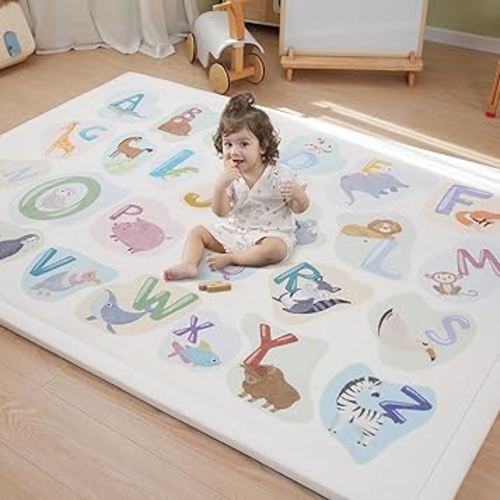 1.3" Thick Educational Baby Floor Play Mat 79x118, Basic Padded Memory Foam Kids Mat, Large Non-Slip Plush Playmat for Nursery Playroom Classroom (ABC Animal)