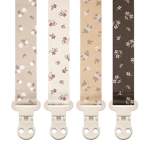 Stadela Baby Pacifier Clip Holder - Girl 4 Pack Gift Set – Boho Modern Neutral Flowers Floral (Allysa)