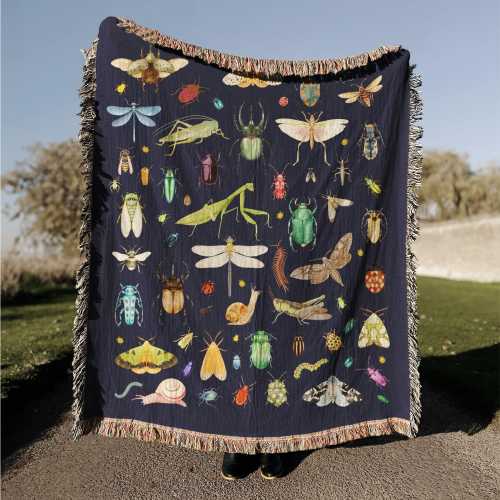Insects Woven Blanket - 100% Cotton Throw, Bugs and Moths Wall Tapestry, Snails and Beetles Art Gift, Entomology Lover Home Decor