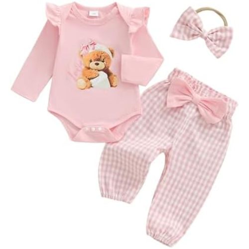 Newborn Infant Baby Girl Outfits Ruffle Bear Long Sleeve Romper Bodysuit Tops Pants Set Cute Fall Winter Clothes