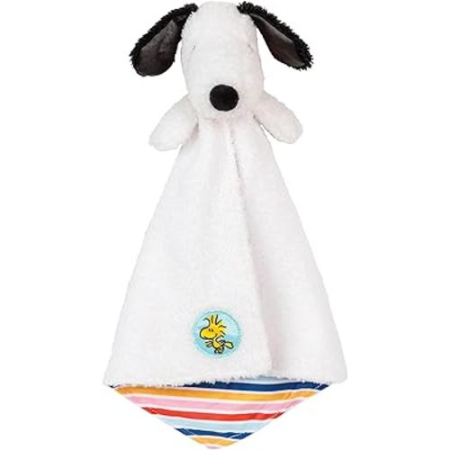 Kids Preferred Peanuts Snoopy Baby Blanket - Ultra Soft, Striped Details, Snoopy Lovey, Satin Accents, Ages 0 Months and Up, Woodstock Applique, 15 In