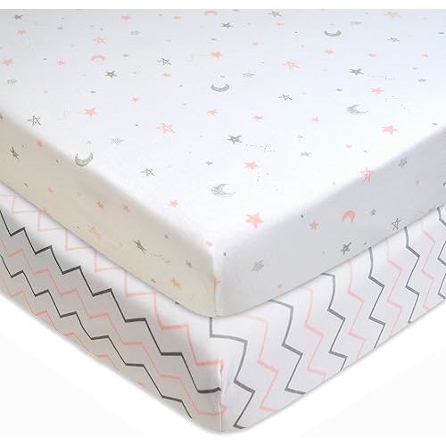 American Baby Company 2 Pack 100% Natural Cotton Fitted Pack and Play Sheets 39" x 27" - Soft & Breathable Pack N Play Sheets for Playard & Mini Crib Mattress, Pink Stars/Zigzag, for Boys & Girls