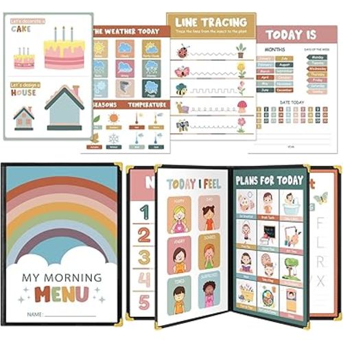 Fuyoooo Homeschool Preschool My Morning Menu Book Kit, Includes 16 Educational Posters and 2 Morning Menu Covers for Toddlers Learning Activities, Kids Operation Christmas Items Gifts(Morandi Color)