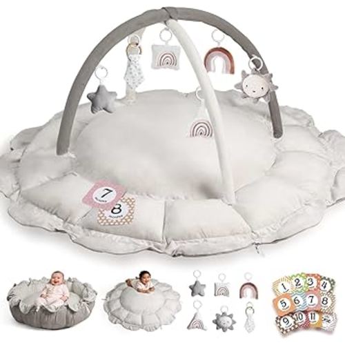 HAM-MM 5-in-1 Convertible Baby Play Gym with 6 Toys, Tummy Time Mat for Sensory Development, Baby Activity Center from Newborn to Toddler, Ball Pit, Cat & Dog Bed, Soft Plush Pet Bed, No Ball Included
