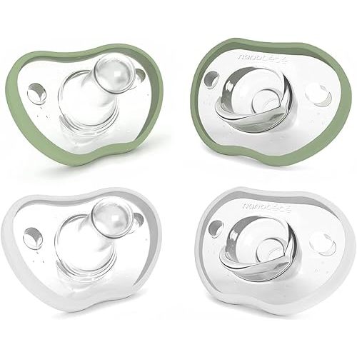 Nanobebe Baby Pacifiers 0-3 Month - Orthodontic, Curves Comfortably with Face Contour, Award Winning for Breastfeeding Babies, 100% Silicone, Baby Registry Gift 4pk, Sage/White