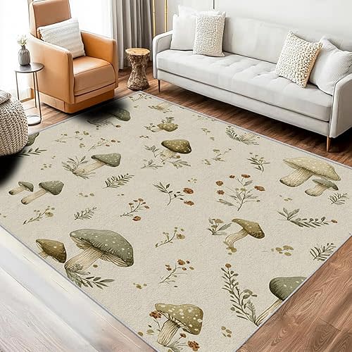 Mushroom Rug, Washable 4x5 Rug for Living Room, Country Vintage Plant Patterned Indoor Carpet, Mushroom Decor for Home, Bedroom, Soft Non Slip Thin Design EER166