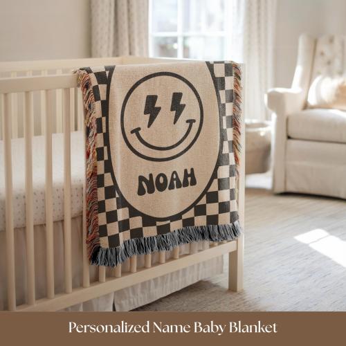 Personalized Smiley Face Baby Blanket Custom Name Retro Checkerboard Skater Nursery Decor Boys Room Unique Boho Keepsake Baby Shower Gift