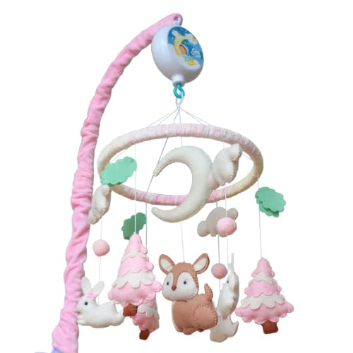 Pink Baby Mobile for Crib, Crib Mobile with Music, Felt Woodland Animals | Pink woodland crib mobile for girls with felt deer, rabbits and trees, 12 lullabies, 3 play modes and rotation