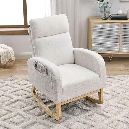 Setawix Teddy Fabric Rocking Accent Chair,Mid Century Modern Rocking Glider Armchair,Leisure Tufted Rocker Arm Chair for Nursery,Bedroom,Living Room (Teddy Ivory, High Back)