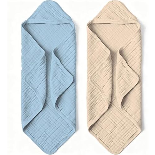Muslin Hooded Baby Bath Towels - 2 Pack 100% Organic Cotton Towel for Babies, Infants, Toddlers - 32x32Inch - Highly Absorbent and Newborn Essential (Brown Blue)