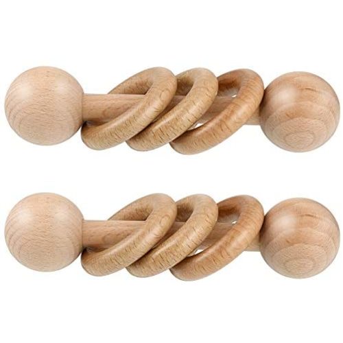 2 Pieces Natural Wooden Rattle Beech Wood Ring Molar Teether Ring Rattle Toy Grasp Clutching Shake Toy for Improving Motor Skills