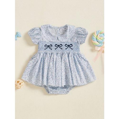 Baby Girls Summer Romper Dress Short Sleeve Bow Embroidery Floral Print Sweet Romper | SHEIN USA