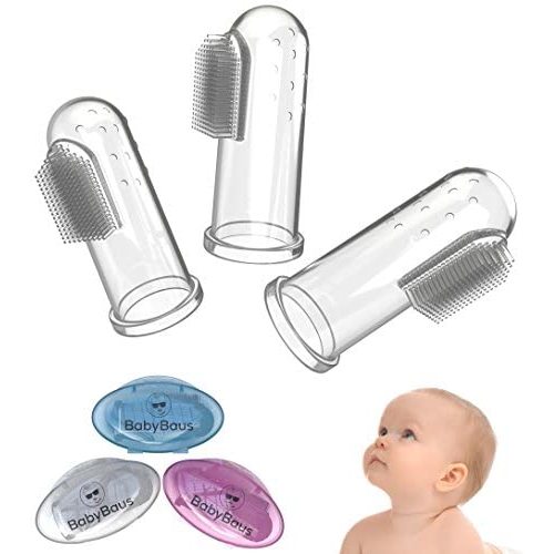 BabyBaus: Baby Finger Toothbrush | Easy Oral Hygiene for Kids, Toddlers, Babies and Pets | Soft, Massaging Bristles, Ergonomic Design – Set of 3, with 3 Cases in Blue, Pink, Clear