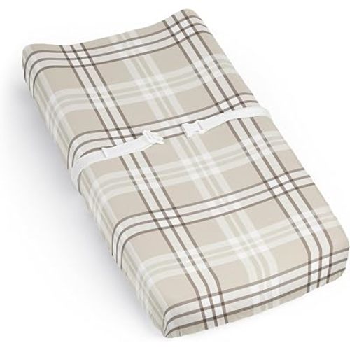 Sweet Jojo Designs Baby Changing Pad Cover Sheet (Tan Gingham Plaid) for Boys/Girls, Infant/Newborn Diaper Change Table Mat Covers (Taupe Checkered, Classic, Tartan, Rustic Farmhouse, Modern, Neutral)