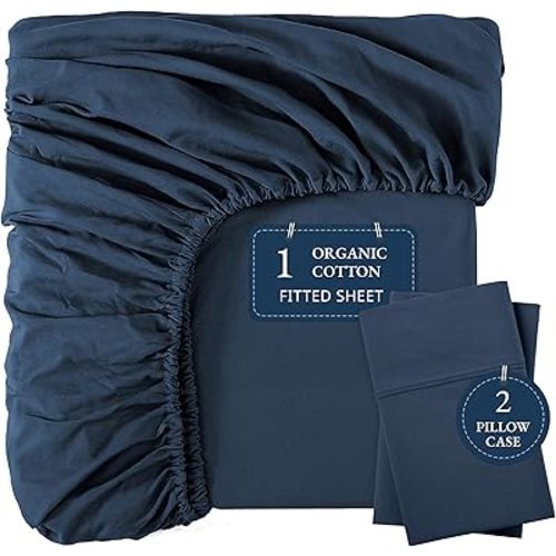 LANE LINEN Fitted Sheet Full Size, 100% Organic Cotton, 3Pc Set (1 Fitted Sheet, 2 Pillowcases), Percale Weave, Full Bed Fitted Sheets, Ultra Soft, Fits Mattress Upto 15" Deep - Linen (No Flat Sheet)
