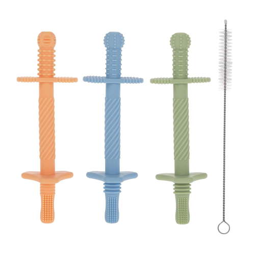 Nuby Sensory Silicone Tube Teethers for Infants, Orange, Blue, and Green, 3 Pack