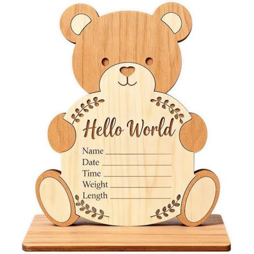 Baby Announcement Sign - Nursery Decoration with Base,Wooden Hello World Newborn Sign Name Date Time Weight Length Board,Newborn Announcement Great Keepsake for New Parents,Hospital Door Sign
