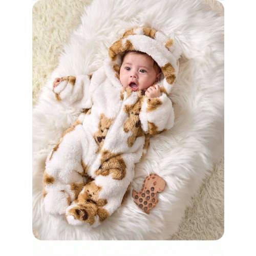 SHEIN Newborn Baby Boy/Girl Cute Warm Hooded Plush Cartoon Design Jumpsuit, Autumn/Winter | SHEIN USA