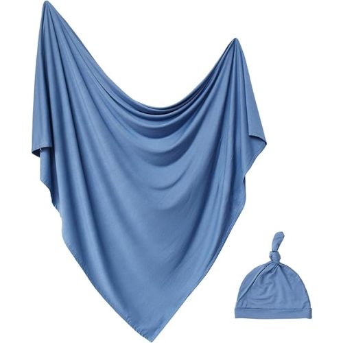 Newborn Swaddle Blanket with Hat Set Baby Swaddle Set Hospital Receiving Blankets for Girls Boys(Steel Blue,35"*35")