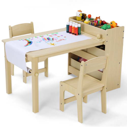 Arlopu Kids Art Table and 2 Chairs Set with Paper Roll, Toddler Craft Table Drawing Desk Wooden Children Play Activity Table with Storage Bins and Storage Shelves for Ages 3-8