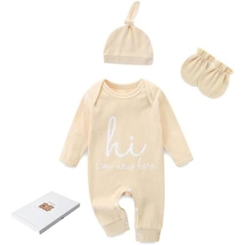 Newborn Girls and Boys Romper, Hi I’m New Here Long Sleeve Cotton Baby Clothes, Coming Home Outfit with Gift Box