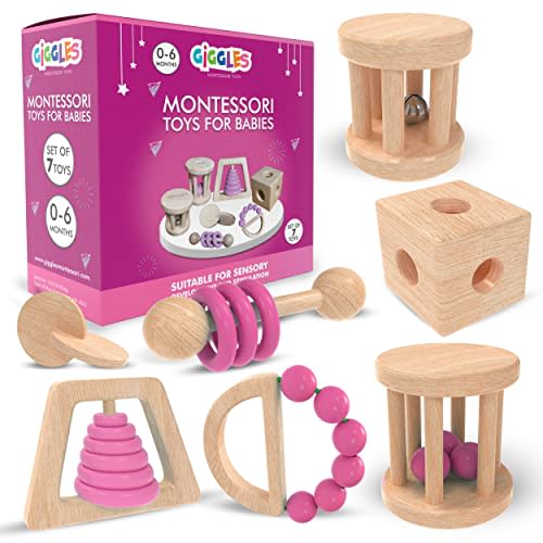 Giggles Montessori Toys for Babies 0-6 Months, Wooden Baby Toy Rattle, Teether, Teethers, Teething for Babies, Natural Wood, Baby Toys, Infant Circle Rattle, Rattles, Baby Wooden Toys 6-12 (Pink)