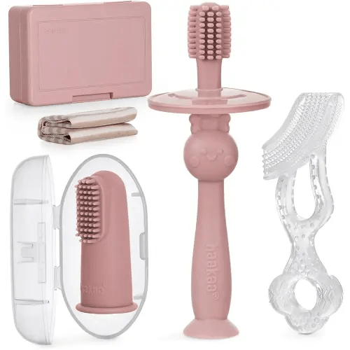 haakaa Training Toothbrush Set Oral Care Kit, Soft Silicone Toothbrush for Baby, Infants, Toddlers & Kids, Blush