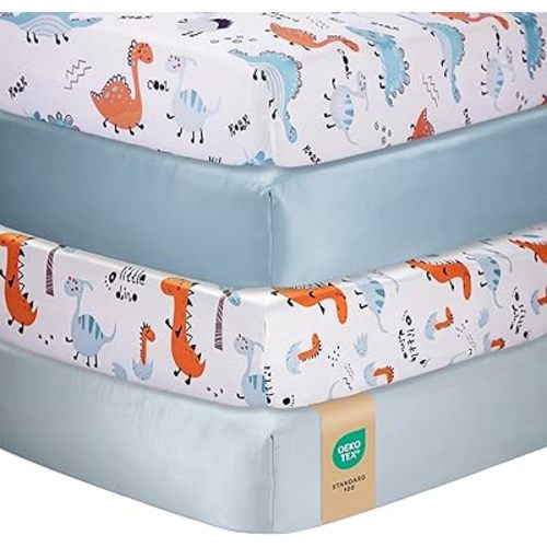 Juego de 4 sábanas para cuna de bebé para niños, sábanas ajustables para colchón de cuna estándar de 52 x 28 pulgadas, juego de 4 microfibra transpirable súper suave, dinosaurio, azul claro y