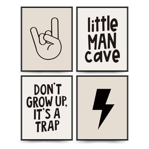 PLKMN Boys Room Playroom Decor, Baby Boy Nursery Decor, Little Man Cave Wall Art Prints 4Pcs, 8x10 Inch (Unframed)