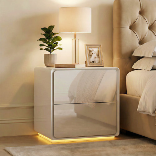 Wrought Studio™ High Gloss 2-Drawer Nightstand With Warm Light | Wayfair