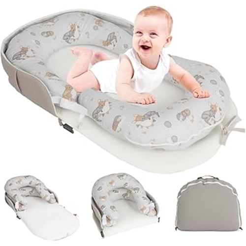 Portable Baby Lounger & Tummy Time with Zip-Up Carry Bag, Infant Support Cushion for Newborns to Toddlers (Fox)