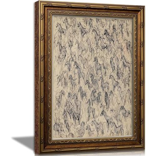 Vintage Gold Framed Horse Sketch Wall Art, Abstract Equestrian Canvas Prints, Rustic Neutral Horse Drawing Wall Decor, Retro Equestrian Drawing Print Artwork for Living Room Bedroom Dorm Office, 12x16in