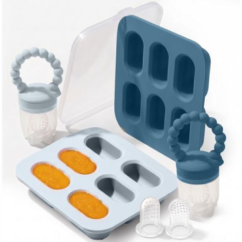Silicone Baby Fruit Feeders with Freezer Tray for Batch Prep, Set of 2 Safe & Convenient Includes Extra Pouches & Travel Lids, Dishwasher Safe, Blue
