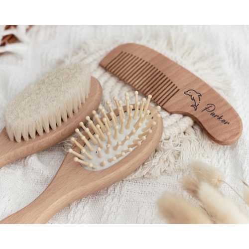 Personalized Wooden Hairbrush Set/                1) name: Javier,  2)icon11/ Font2,             3) green gift bag