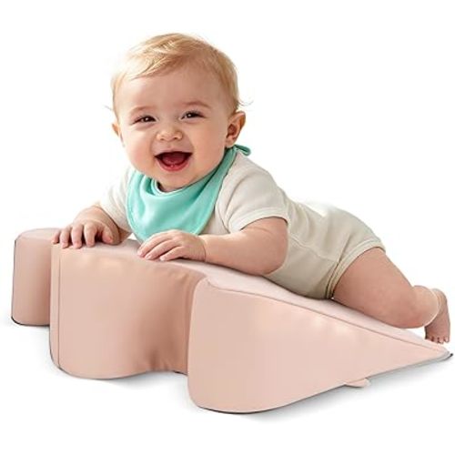 EKEPE 2026 Upgraded Nursing Reflux Prop with Leather Cover for Baby Gas, Colic Relief & Burp, Memory Foam Tummy Time Prop for Infant 0-12 Months Feeding, Neck, Shoulder and Body Support - Pink
