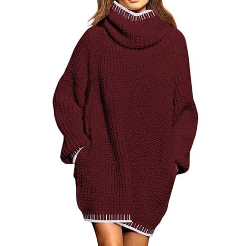 Pink Queen Women's Oversized Turtleneck Sweater Dress 2025 Casual Loose Long Sleeve Fall Winter Knit Mini Dress with Pockets