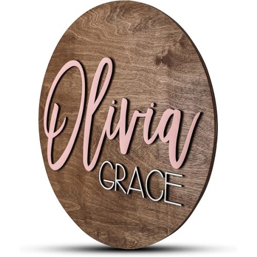 Custom Round Nursery Name Sign, Personalized Wooden Wall Plaque, 12" 18" 24" 30" 3D Wall Art for Children & Kids Rooms, Baby Shower, Hickory Hollow Designs (Olivia Grace)