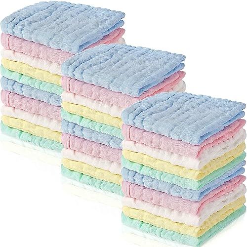 Chumia 30 Pcs Baby Muslin Washcloths Muslin Burp Cloths Baby Towel Natural Cotton Burp Cloths Wipes Soft Newborn Face Towel Absorbent for Face Bath Shower, 12 x 12''(Blue, White, Green, Yellow, Pink)