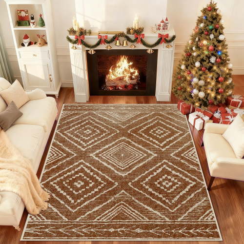NewBuros 6'x9' Area Rugs for Living Room, Machine Washable Non-Slip Rugs, Low Pile Print Pattern Vintage Distressed Moroccan Western Carpet, Yellowbrown