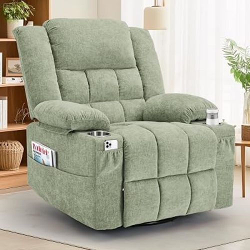 Korser Adult 360° Rotating Recliner with Massage and Heating Functions, Cup Holder and Manual Tilt Mechanism, Suitable for Living Room and Bedroom (Fabric, Turquoise)