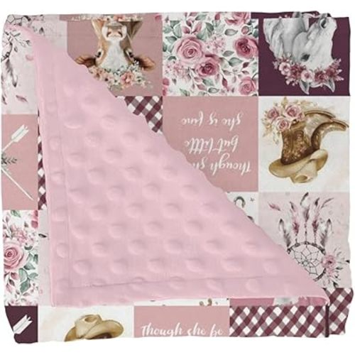 Pink Cowgirl Horse Cow Roses Baby Blankets for Girl Tribal Dreamcatcher Arrows Soft Mink Dotted Backing Double Layer Swaddle Blanket Western Cowgirl Boots Bed Throws for Infant Toddler Nursery 30x40