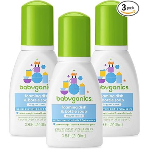 Babyganics Foaming Dish & Bottle Soap for Travel, Fragrance Free, Removes Dried Milk, Packaging May Vary, 3.38 Fl Oz (Pack of 3)