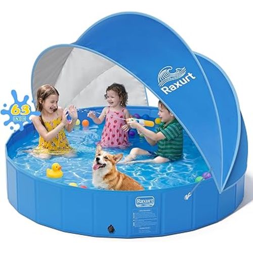 63in Kiddie Pool with Canopy - Large Foldable Toddler Pool with Detachable UPF 50+ Sunshade, Portable Non-Slip Kids Swimming Pool Collapsible Baby Pool for Outdoor Backyard Beach