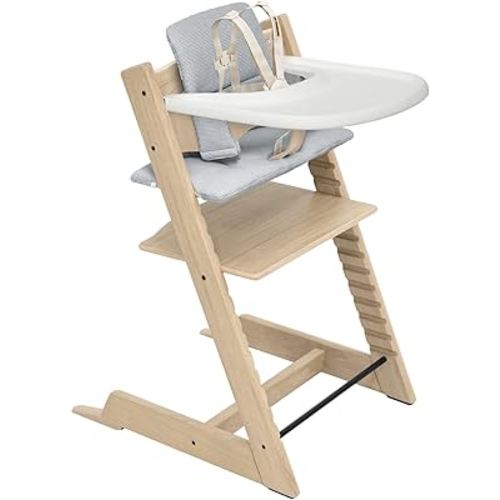 Stokke Tripp Trapp Oak High Chair 2 (Natural), Cushion 2 (Nordic Blue) + Stokke Tray (White) - Includes Chair + Baby Set with Removable Harness for Children 6-36 Months