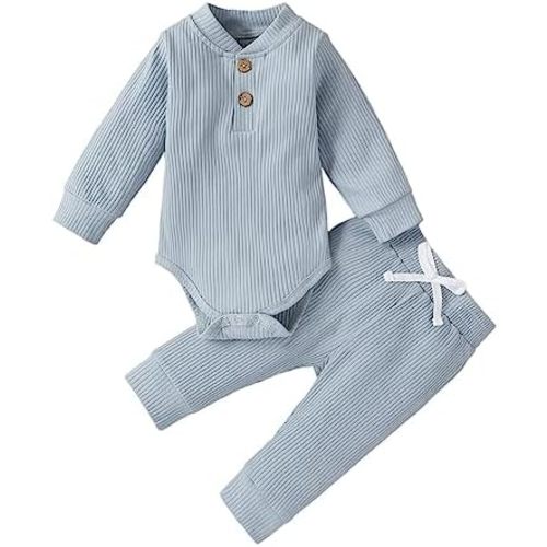 Newborn Baby Boy Girl Clothing Set Ribbed Outfits Infant Solid Long Sleeve Bodysuit Tops Pants 2PCS Christmas Dress 2t