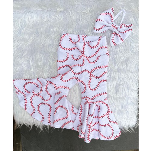 Baby Girl Baseball Stitches Bell Bottoms, Baby Baseball Flare Leg Pants, Leggings, Joggers, Pants, Baseball Bummie and Bow, Newborn outfit