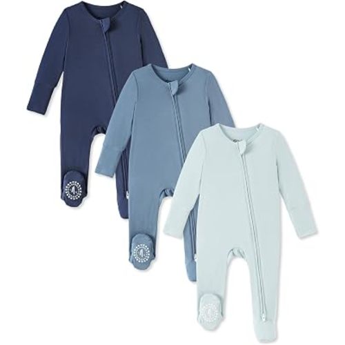 PATPAT 3 Pack Bamboo Viscose Baby Footed Pajamas with Anti-Grips, NB-2T